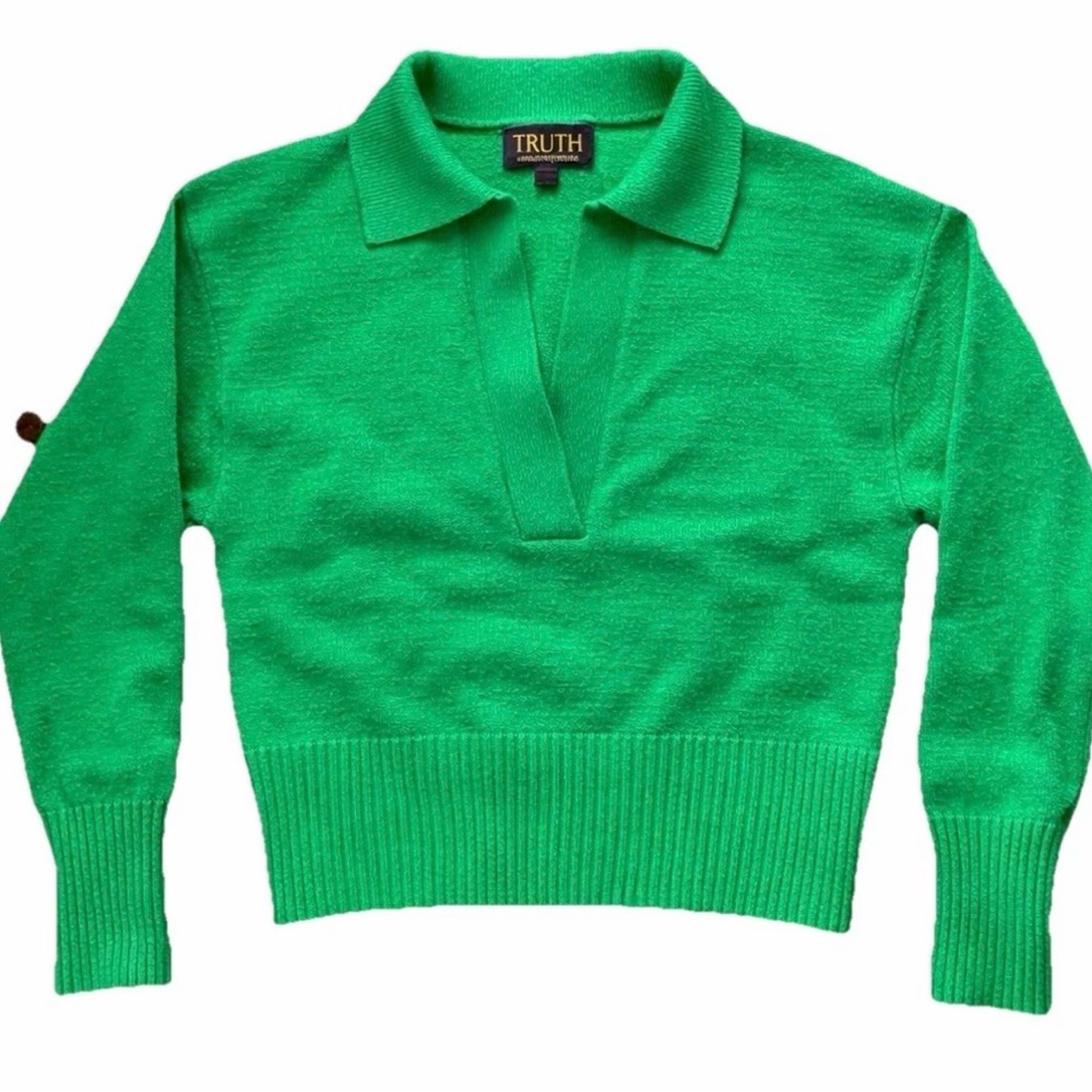 Truth By Republic Cropped Collared Sweater Green Preppy Knit Size M